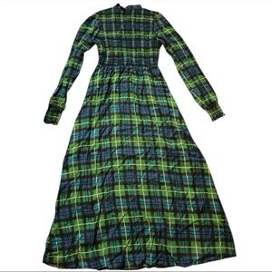 KITRI Prairie Smocked Ribbed Plaid Ruffle Long Sleeve Maxi Dress Size 4